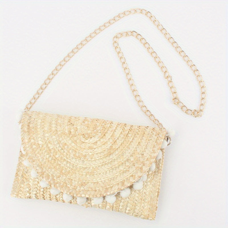 Furball Crossbody Bag Straw Braided Beach Bag