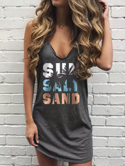 Casual Tank Dress Women's Plus Art Letter & Coconut Tree Print Round Neck