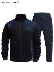 2pcs Men's Sports Suit Block Stand Collar Zip Up Jacket & Elastic Waist Pants