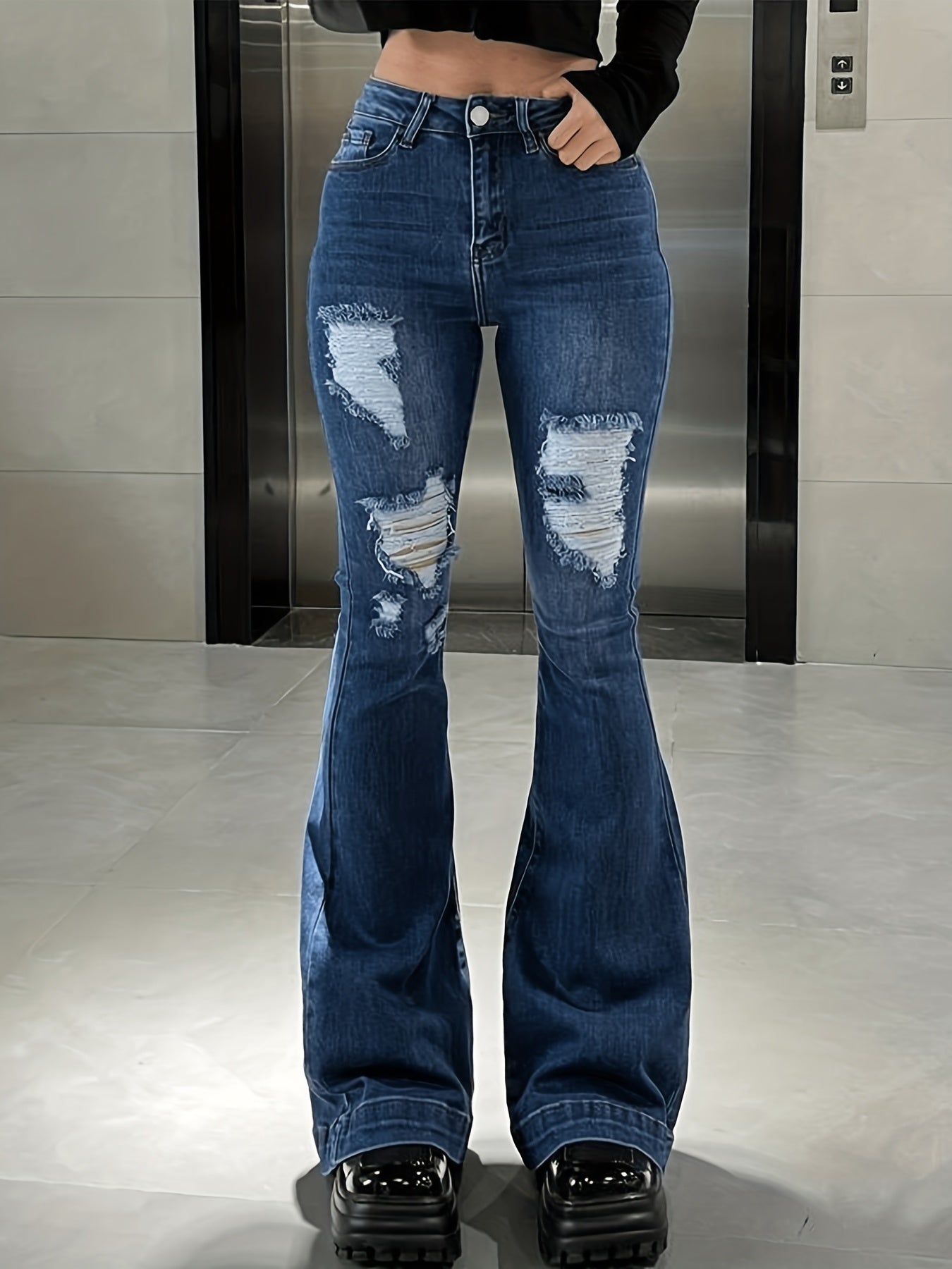 Vintage Flare Leg Ripped Jeans Distressed High Rise Whiskering Bell Botton Retro