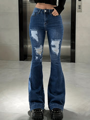 Vintage Flare Leg Ripped Jeans Distressed High Rise Whiskering Bell Botton Retro