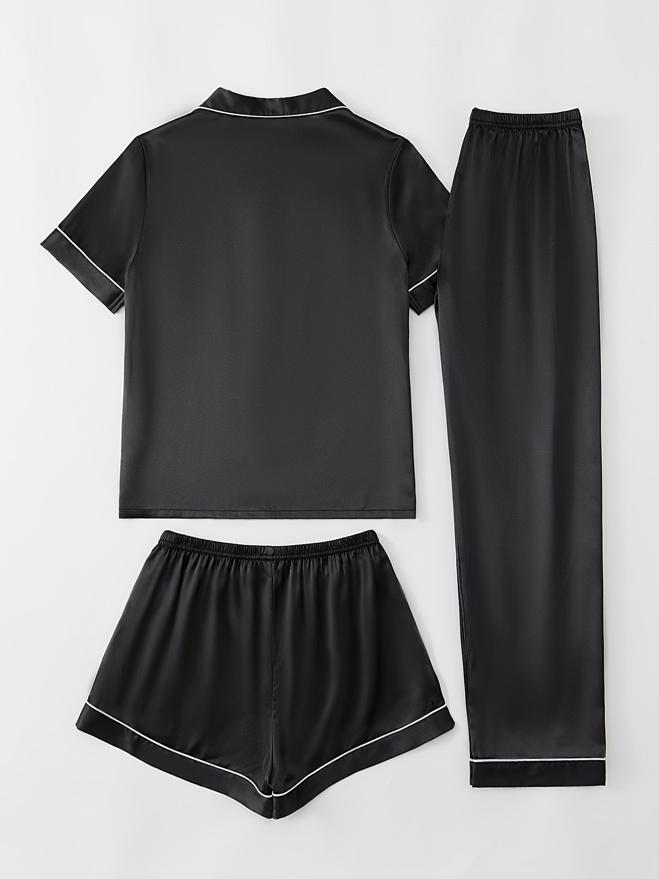 Satin Pajamas Set Short Sleeve Top & Shorts & Pants