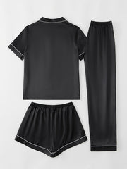Satin Pajamas Set Short Sleeve Top & Shorts & Pants