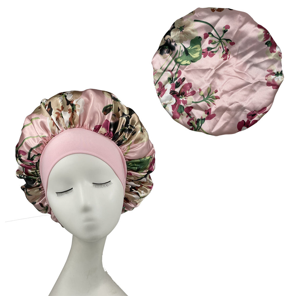 Flower Print Wide Brim Bonnet Satin Cap For Women