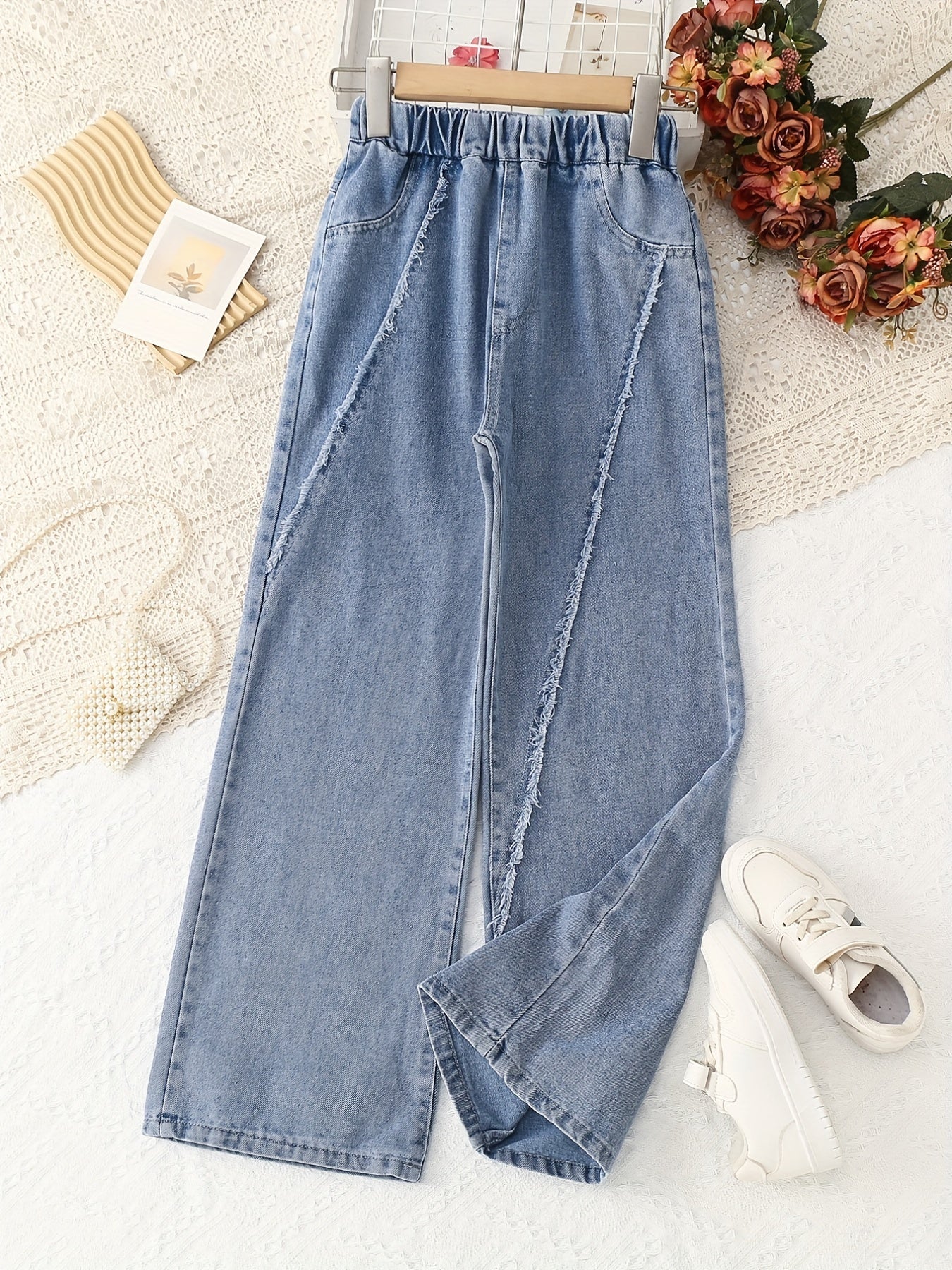 Girls' Wide Leg Jeans Line Stitching Denim Trousers