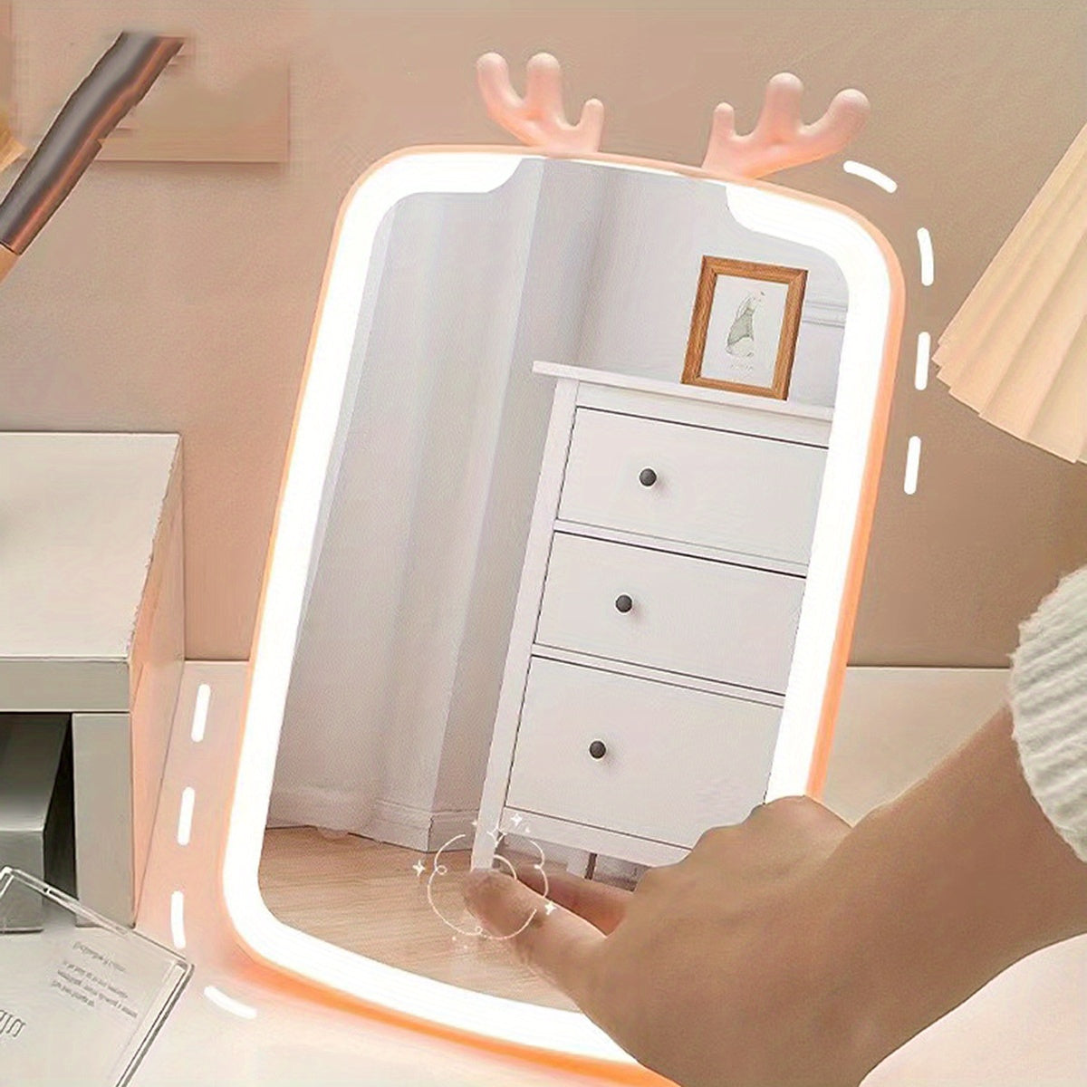 LED Light Makeup Mirror Antlers Decor Square Rechargeable Beauty Mirror