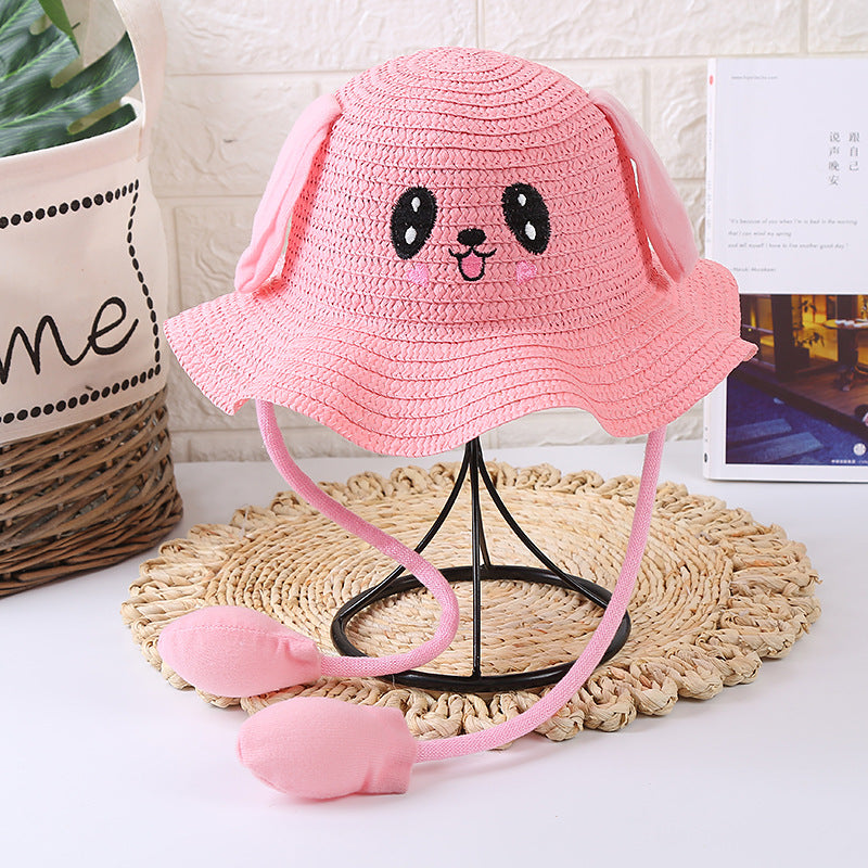 Rabbit Straw Hat for Girls Sun Protection with Moving Ears