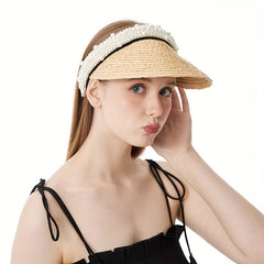 Faux Pearl Straw Visors Women Summer Sun Hats UV Protection