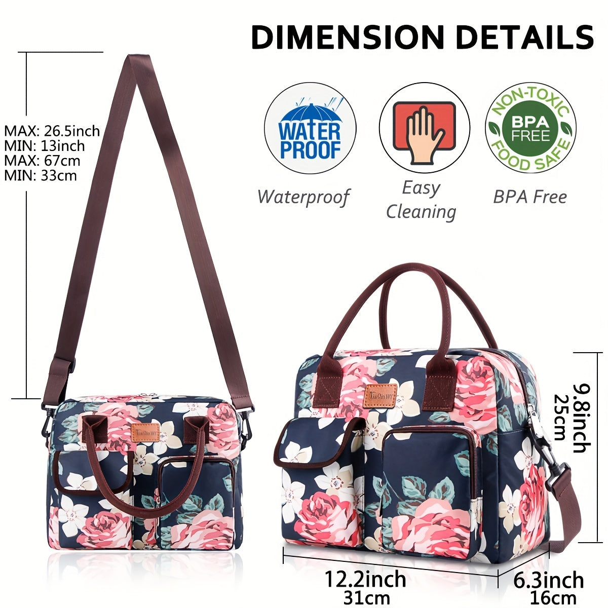 Insulated Lunch Bag Flower Pattern Shoulder Strap Keep Food Fresh