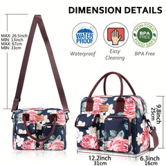 Insulated Lunch Bag Flower Pattern Shoulder Strap Keep Food Fresh