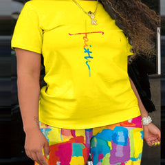 Faith Letter Print Tee & Full Printed Shorts Set