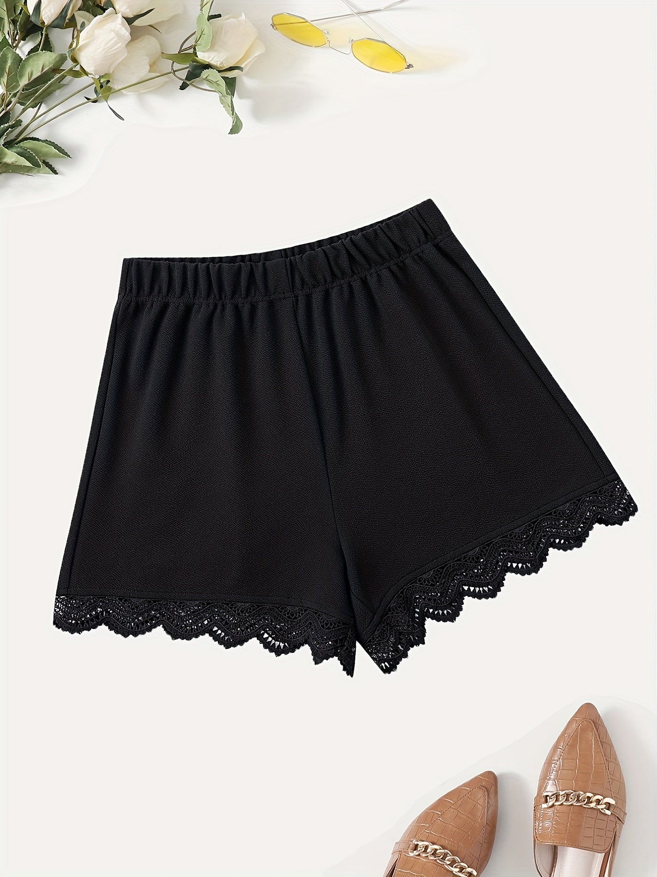 Lace Trim Solid Shorts Casual Summer Women's Clothing