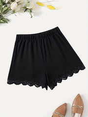 Lace Trim Solid Shorts Casual Summer Women's Clothing
