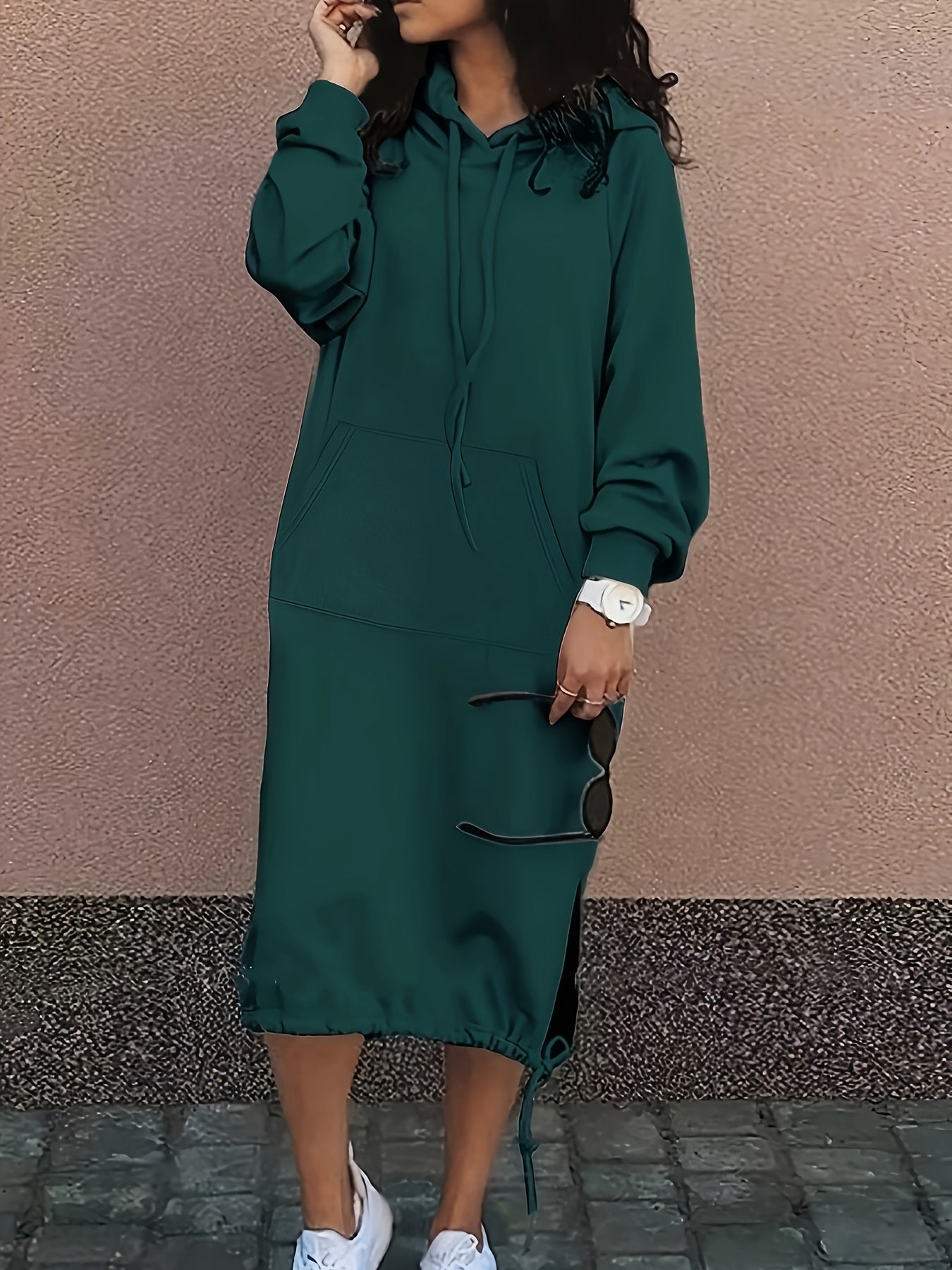 Long Sleeve Hooded Sweatshirt Dress With Pockets