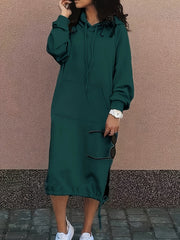 Long Sleeve Hooded Sweatshirt Dress With Pockets