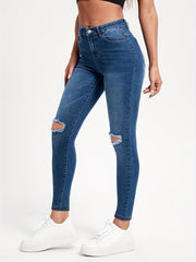 Ripped Knee Cut Skinny Jeans Solid Stretchy Whiskering Denim Pants