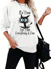 Cartoon Cat Sweatshirt Casual Crew Neck Women's Clothing
