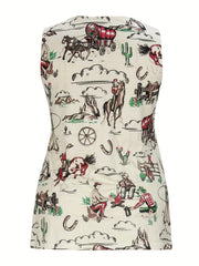 Western Tank Top Women's Cowboy Print Pleated Tank