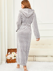 Geometric Pattern Night Robe Hooded With Belt & Pockets