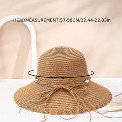 Ruffles Beads Decor Bucket Hat Solid Sun Hat Straw Hat For Women