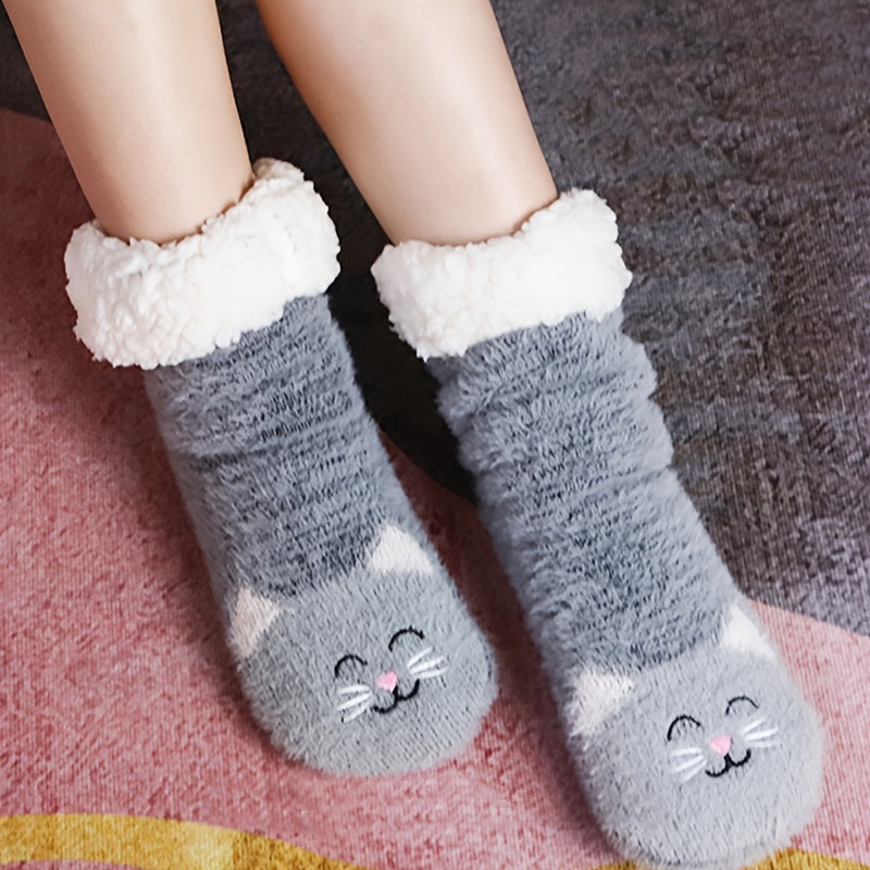 Cartoon Cat Print Non-slip Socks Plush & Comfy Women's Stockings