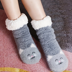 Cartoon Cat Print Non-slip Socks Plush & Comfy Women's Stockings