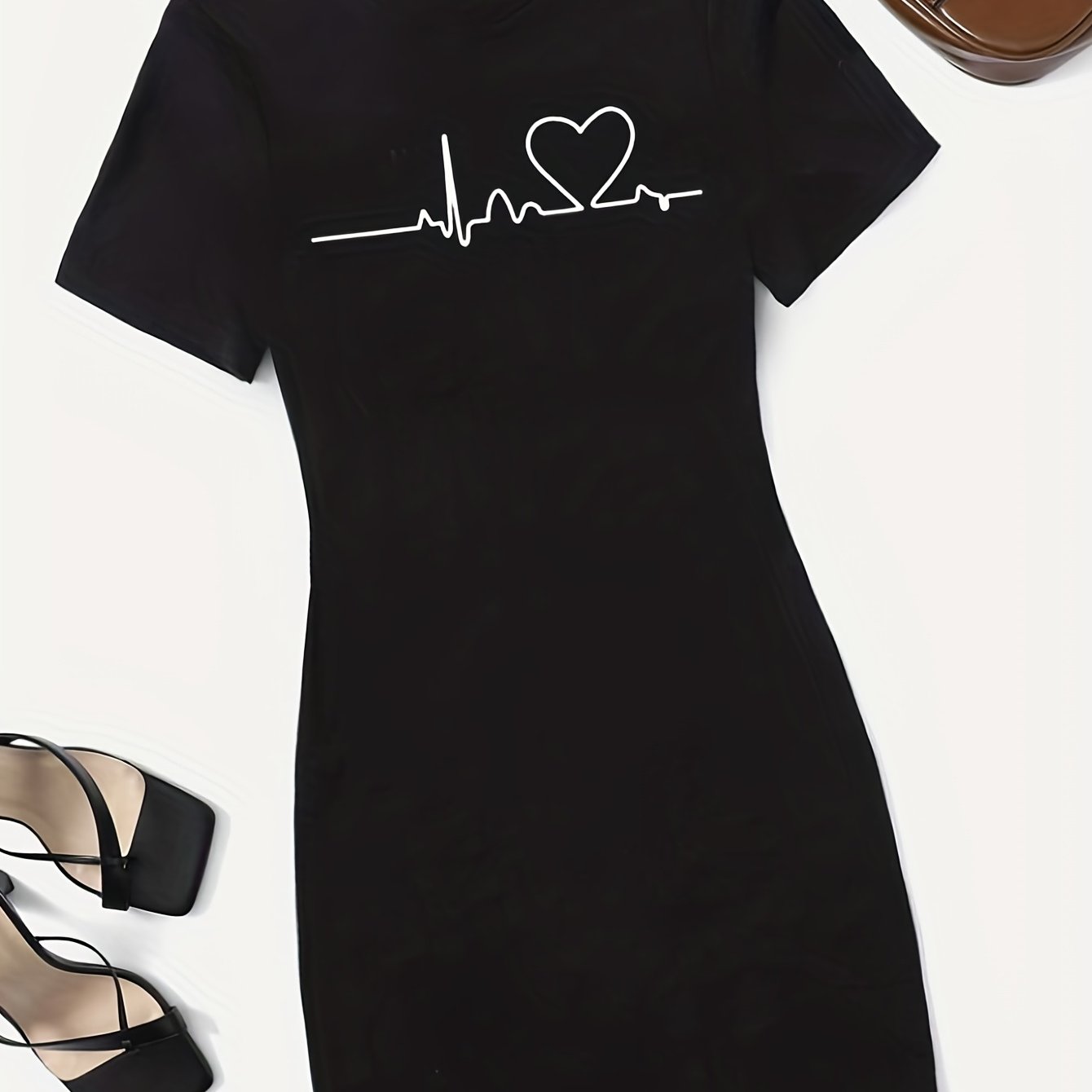 Heart Print Tee Dress Short Sleeve Casual Dress Women's Clothing
