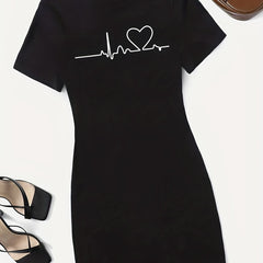 Heart Print Tee Dress Short Sleeve Casual Dress Women's Clothing