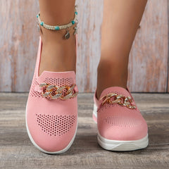 Knit Sock Shoes Metal Chain Slip On Low Top Casual Flat Shoes