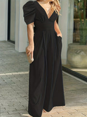 Sexy Plunging Neck Jumpsuit Ruched Short Sleeve Women's Clothing
