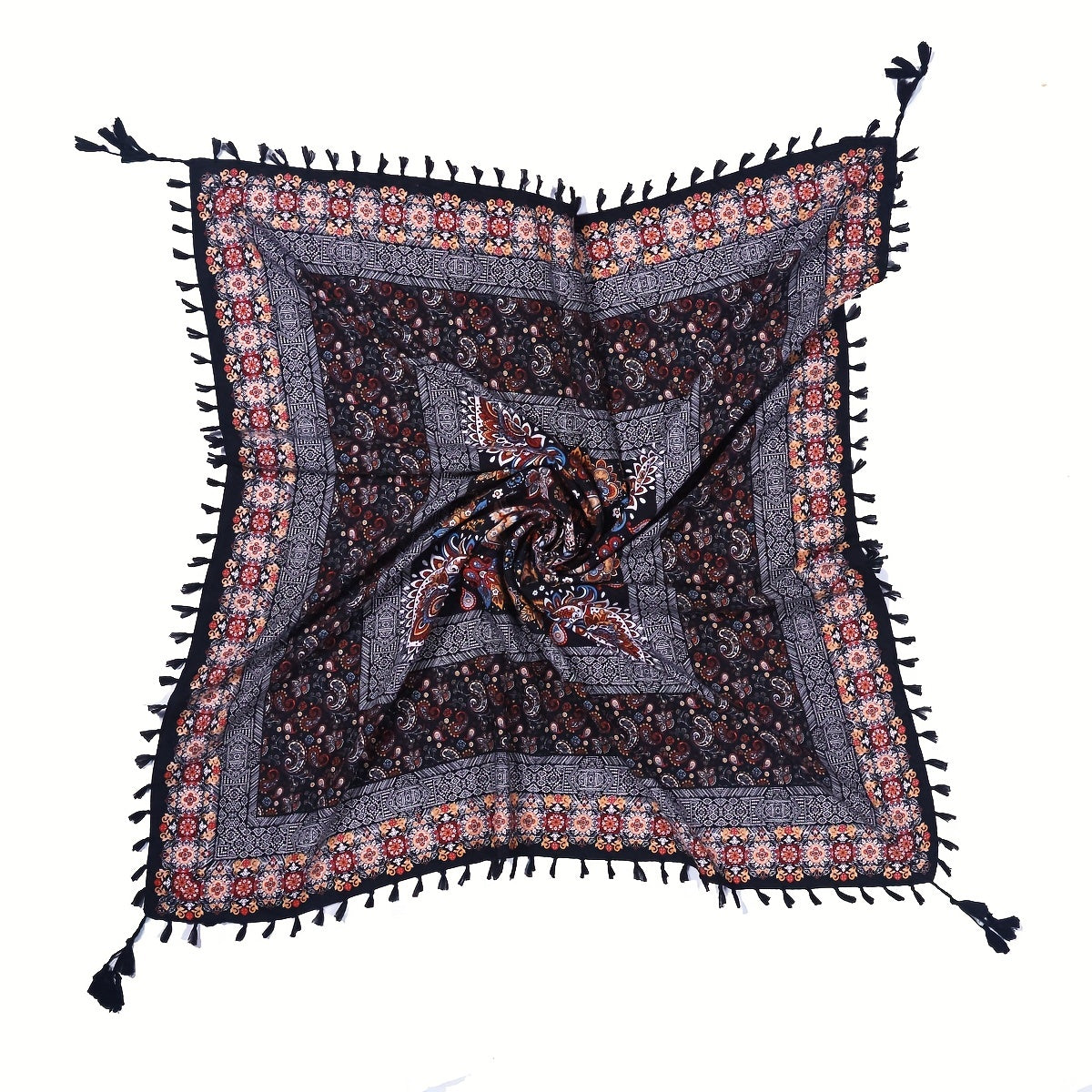 Boho Cashew Square Scarf Vintage Printed Tassel Shawl