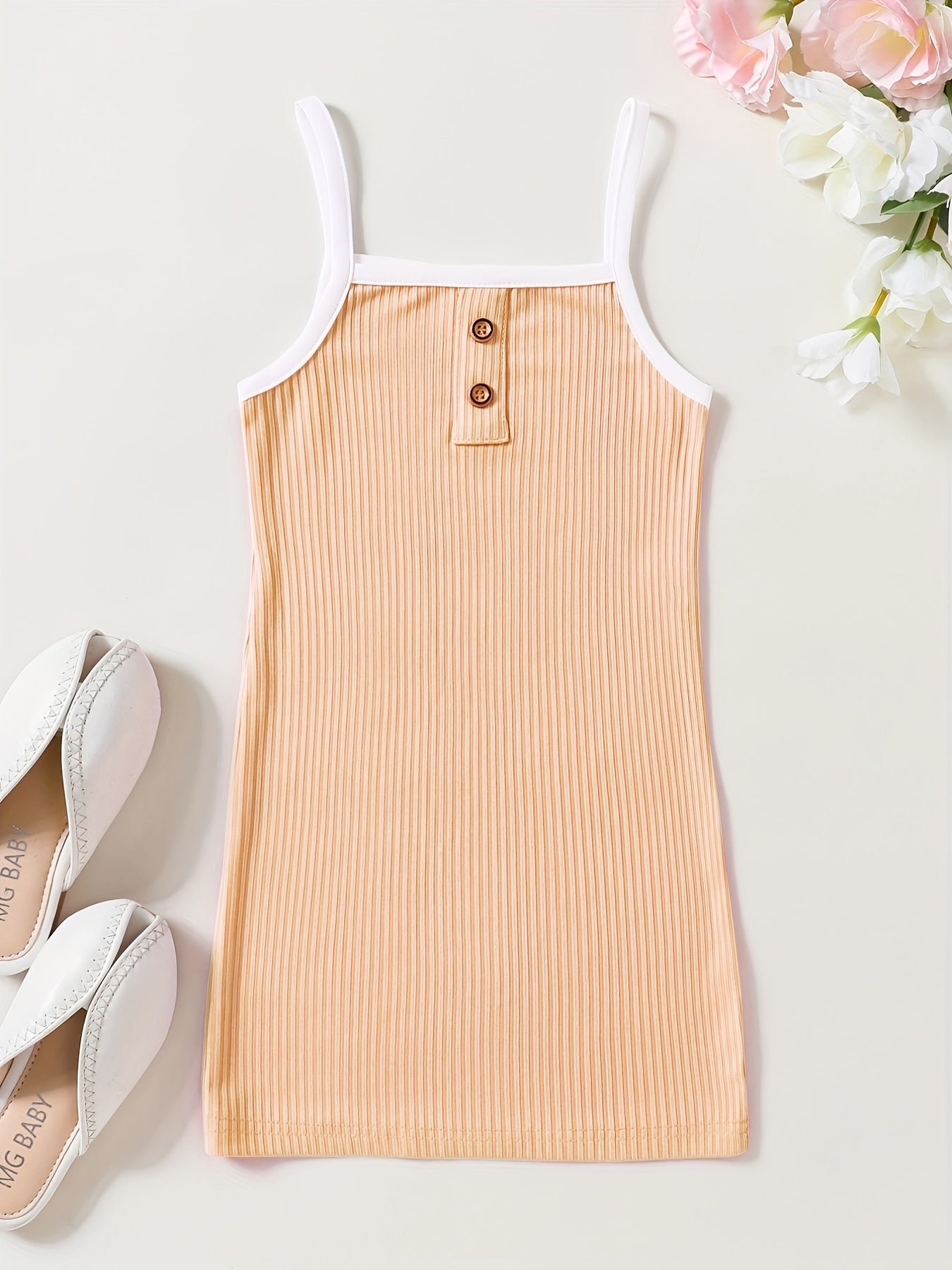 Toddler Girls Block Trim Button Decor Ribbed Cami Dress
