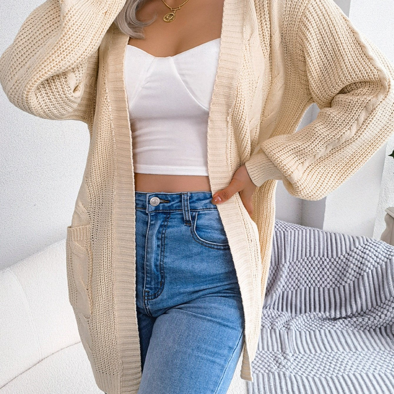 Loose Cactus Lantern Sleeve Cardigan with Pockets