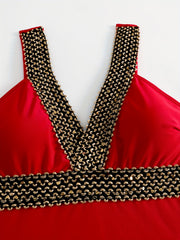 V Neck One Piece Swimsuit Contrast Band Backless High Cut Bathing Suit