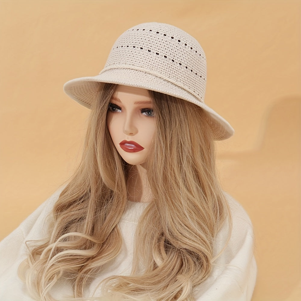 Crochet Hollow Out Bucket Hat Summer Sunscreen Fisherman Cap for Women
