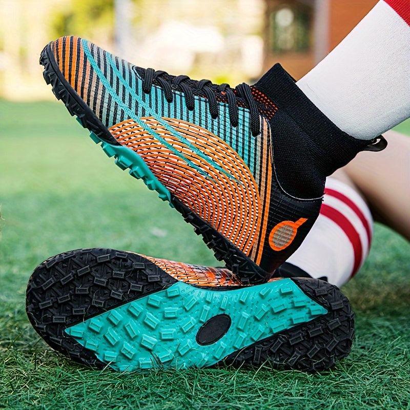 Boy's High Top Turf Football Boots Outdoor Anti skid Lace Up TF Soccer Cleats