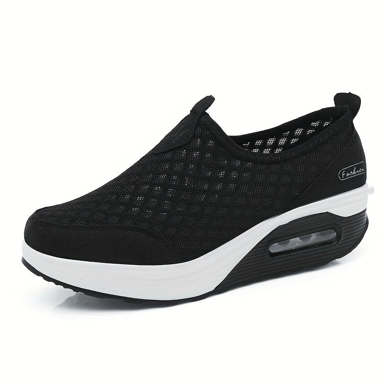 Argyle Pattern Mesh Wedge Sneakers Air Cushion Casual Walking Shoes