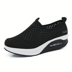 Argyle Pattern Mesh Wedge Sneakers Air Cushion Casual Walking Shoes