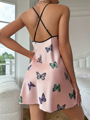 Butterfly Print Slip Nightdress Crew Neck Criss Cross Back Sleep Dress