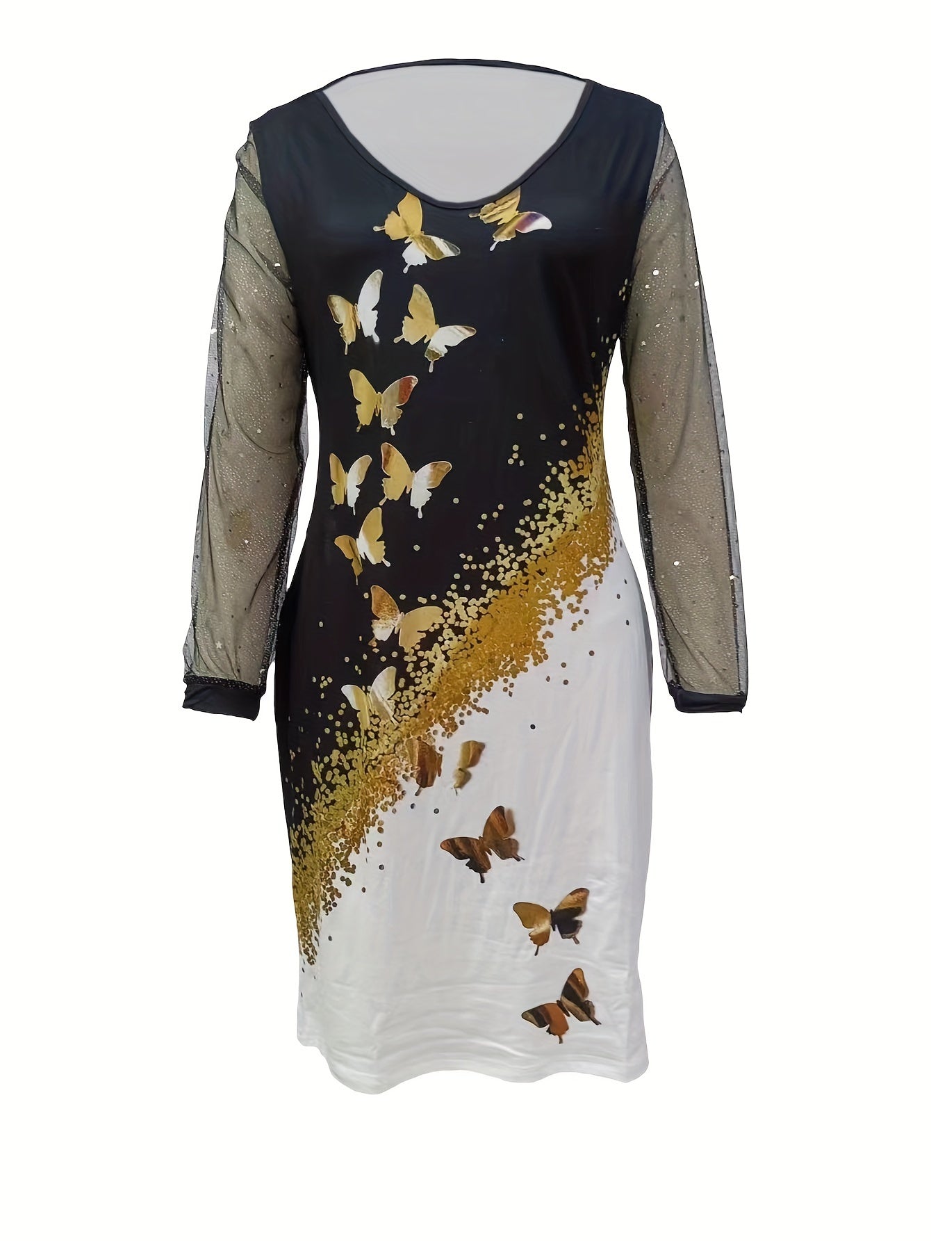 Women's Plus Golden Butterfly & Dot Print Mesh Sleeve V Neck Dress