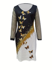 Women's Plus Golden Butterfly & Dot Print Mesh Sleeve V Neck Dress