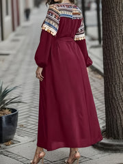 Boho Geometric Print Lantern Sleeve Maxi Dress With Belt