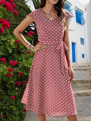 Polka Dot Print Dress Casual V Neck Short Sleeve Midi Dress