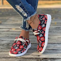 Women's Skateboard Shoes Lips Hearts English Letter Pattern Flat Lace-up Canvas