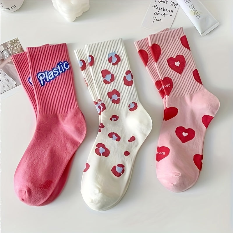 6 Pairs Heart & Plaid Print Socks Women's Mid Tube Stockings