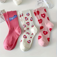 6 Pairs Heart & Plaid Print Socks Women's Mid Tube Stockings