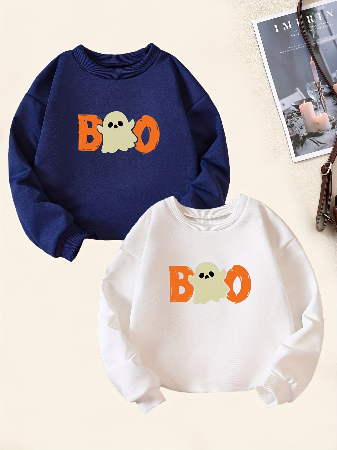 2pcs Boo Print Sweatshirt For Boys Casual Graphic Stretch Fabric Autumn Winter