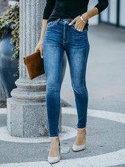 Stretchy Skinny Jeans Slim Fit Mid Rise Washed Denim Pants
