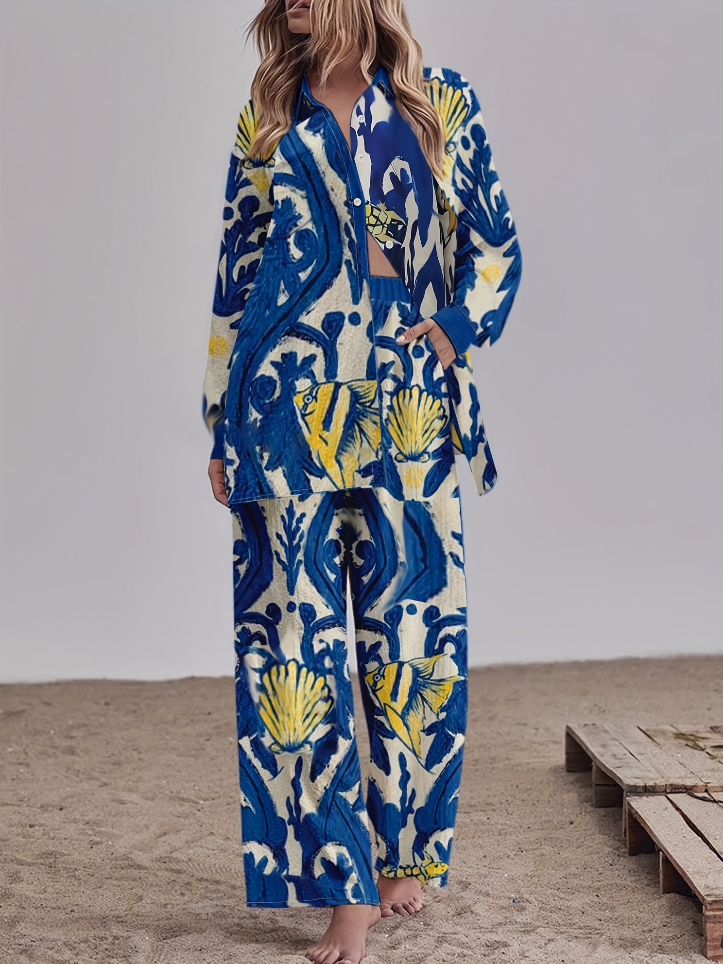 Women's Plus Graphic Print Long Sleeve Shirt & Pants Set