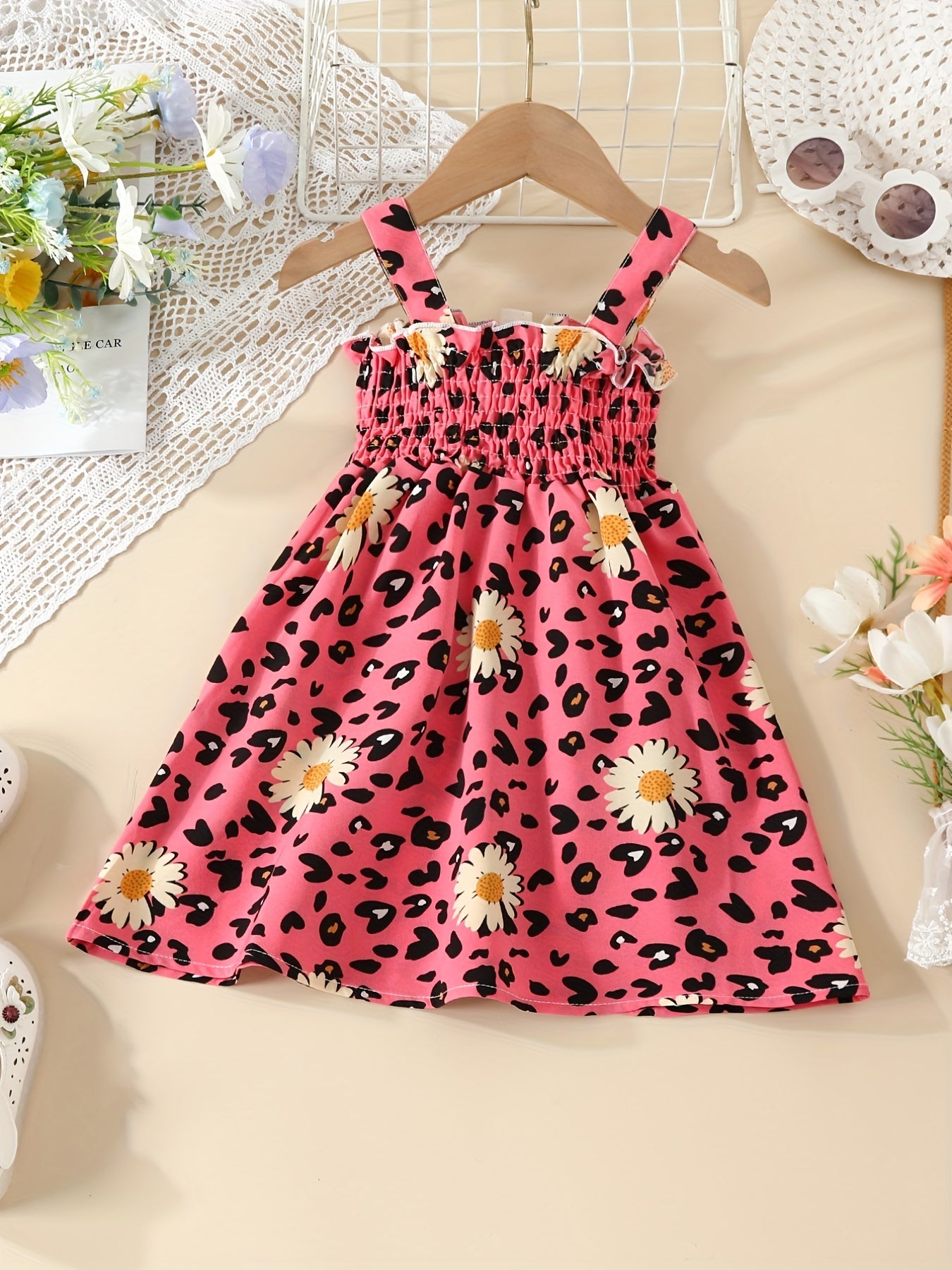 Toddler Girls Leopard Flowers Graphic Frill Trim Cami Dress